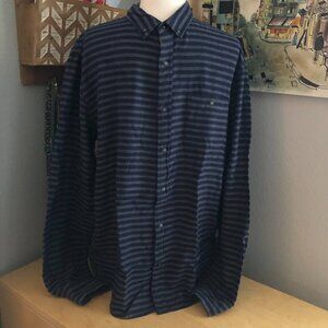 DENIM & FLOWER Thick Flannel Navy Blue Gray Stripe Slim Fit Shirt Men's size L